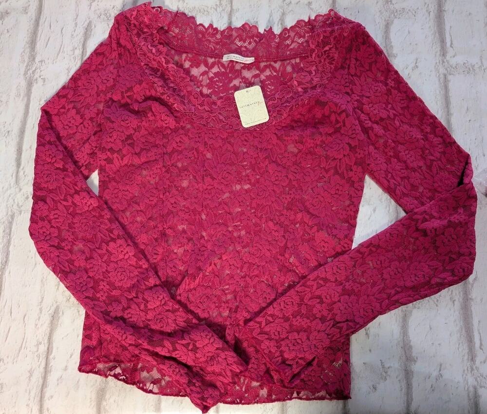 NWT Free People Intimately Lace Long Sleeve Top Size L Magenta Pink Scoop Neck